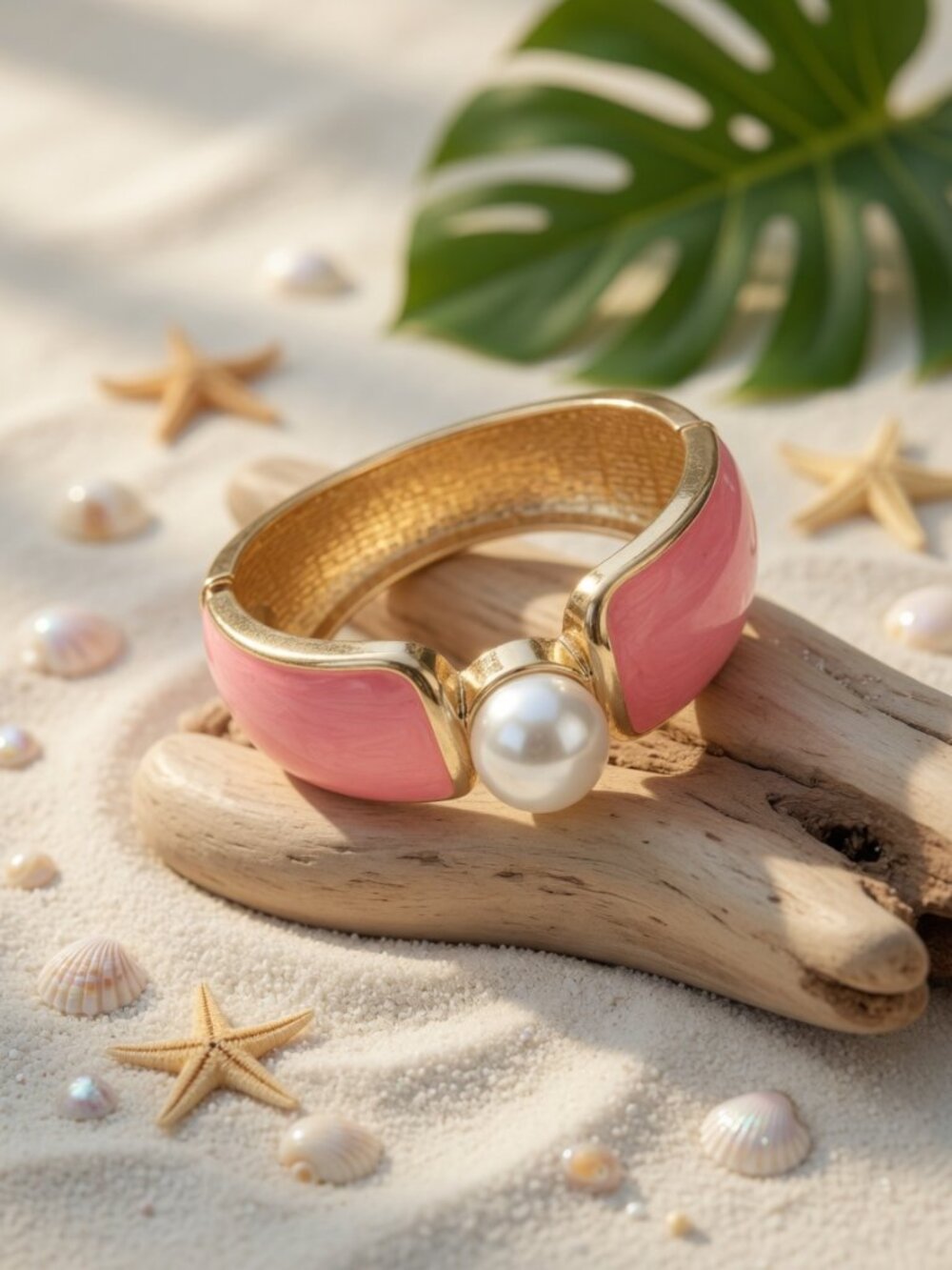 Coral Pink Pearl Cuff Bracelet, Gold Tone Statement Bangle, Coastal Beach Jewelr